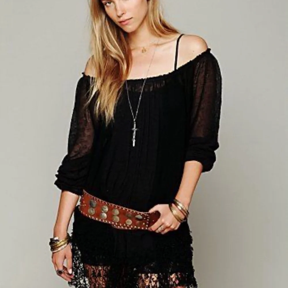 Free People Black Sheer Off-Shoulder Dress Crochet Oversized SP